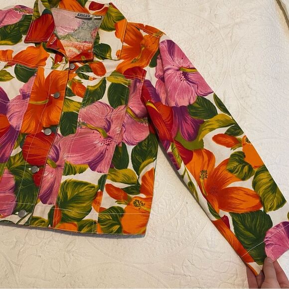 Chico’s Design size 0 Small Floral Tropical Hibiscus Pink & Orange Denim Jacket - Picture 4 of 12